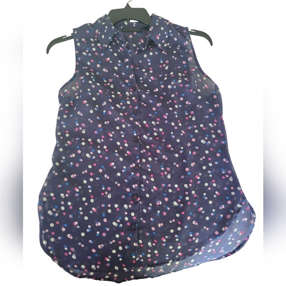 Attention blouse, size M, dark blue color with light blue, pink & white dots. - Picture 3 of 5